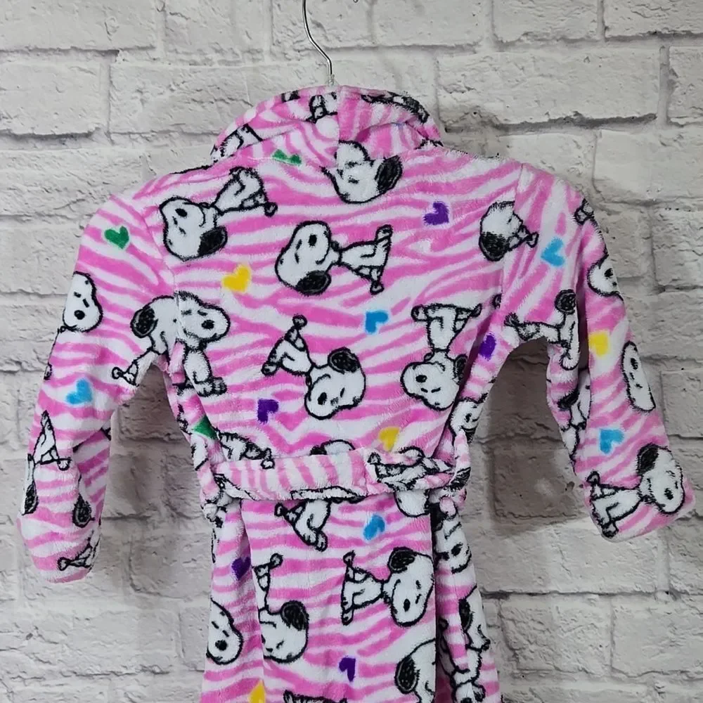 SNOOPY Girls Robe Plush Fleece Pink Striped Bathrobe Belted XS 4/5 Toddler Kids